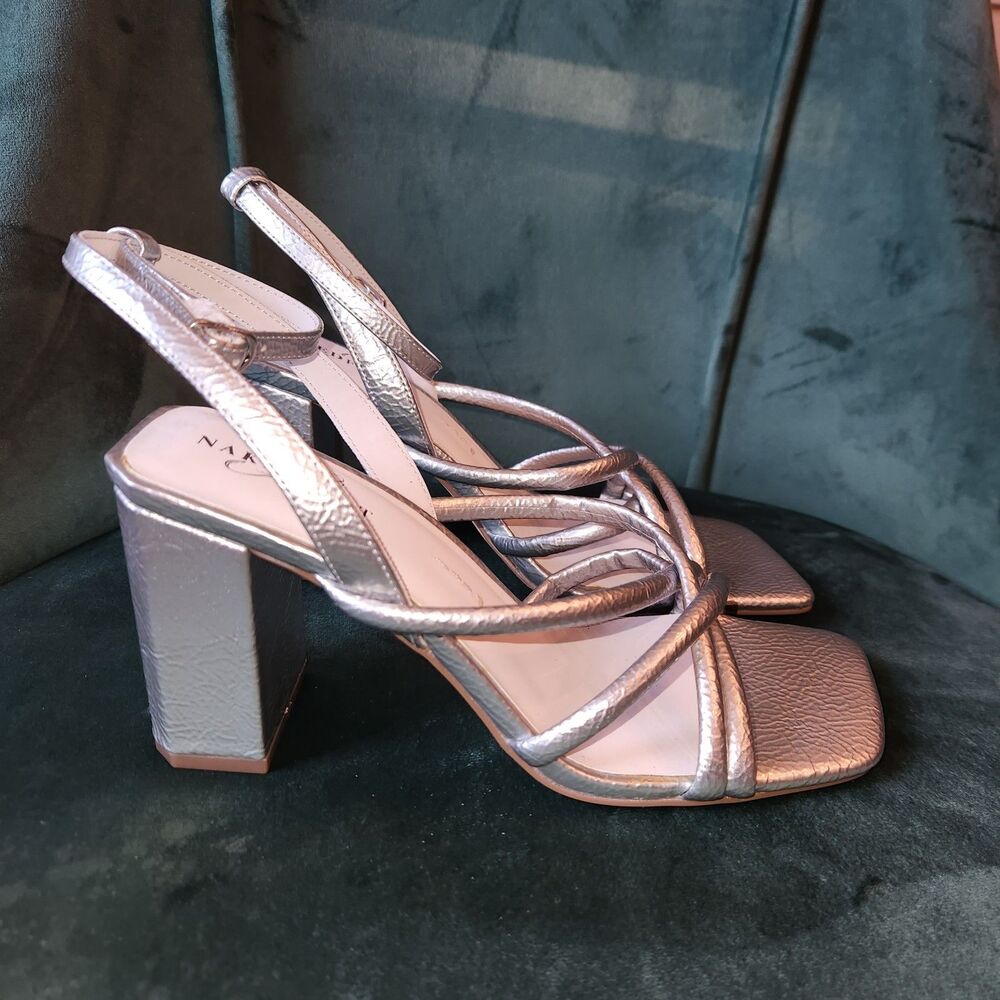 NWT Naked Feet size 7.5 Silver Mood 3inch block heel sandal $119 Retail